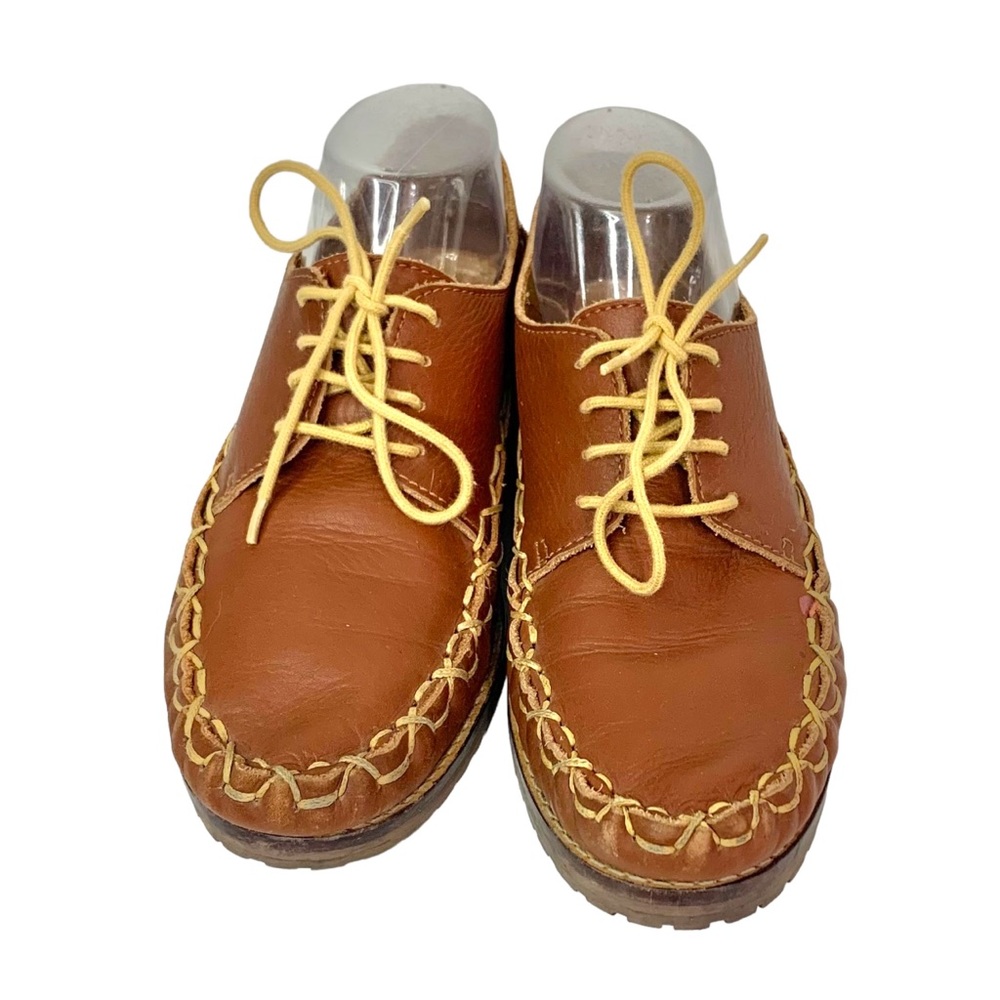 SAM & LIBBY Brown Leather Contrast Stitched Lace Up Boat Loafers Sz 8.5